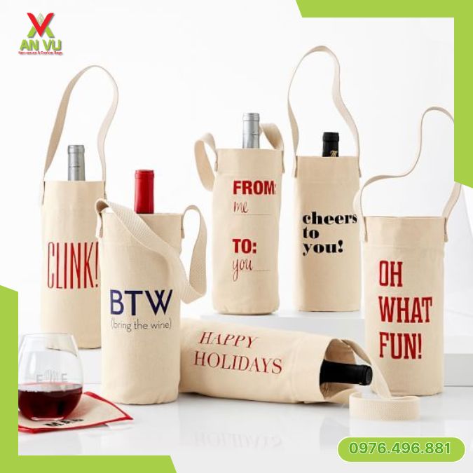 Túi tote hình trụ in logo đựng rượu quà tặng